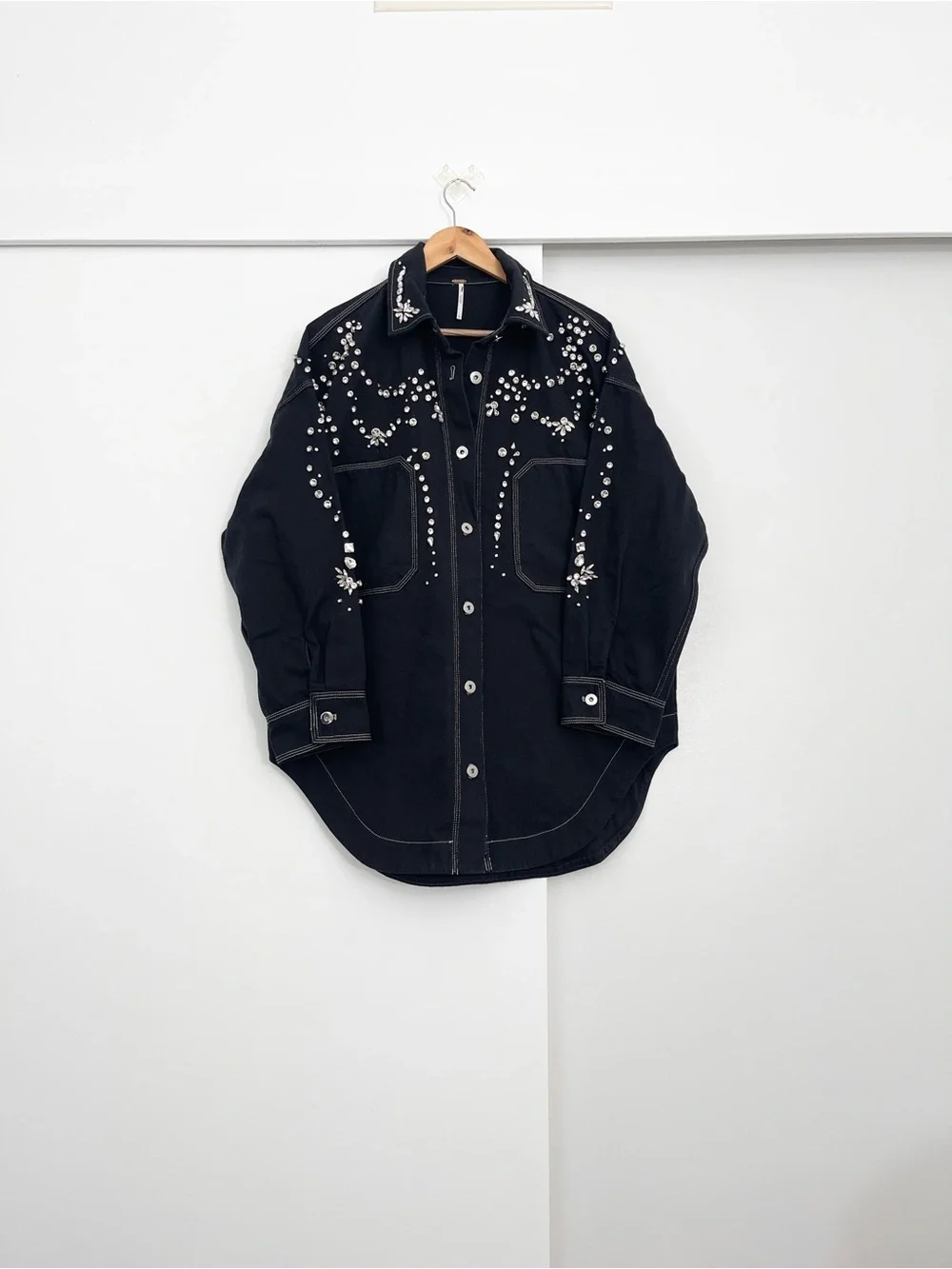 NWT Free People Silver Bells Oversized Embellished Shacket Jacket Size Small